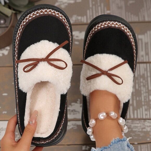 Black Casual Women's Thick Flat Suede Shearling Slippers - Picture 3 of 9